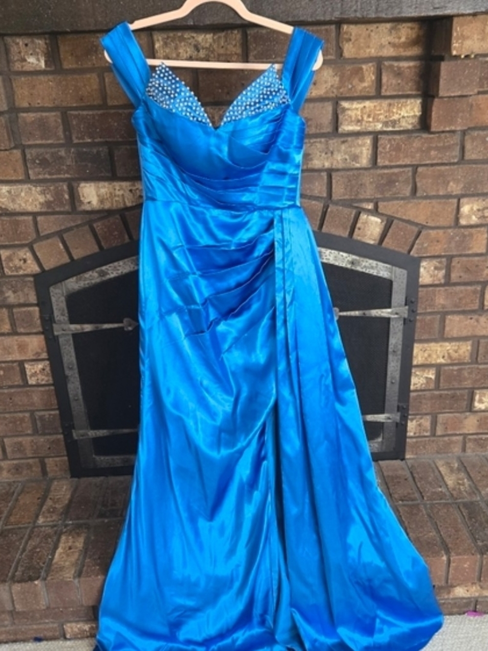 Blue Satin Prom Gown with Beaded Bodice